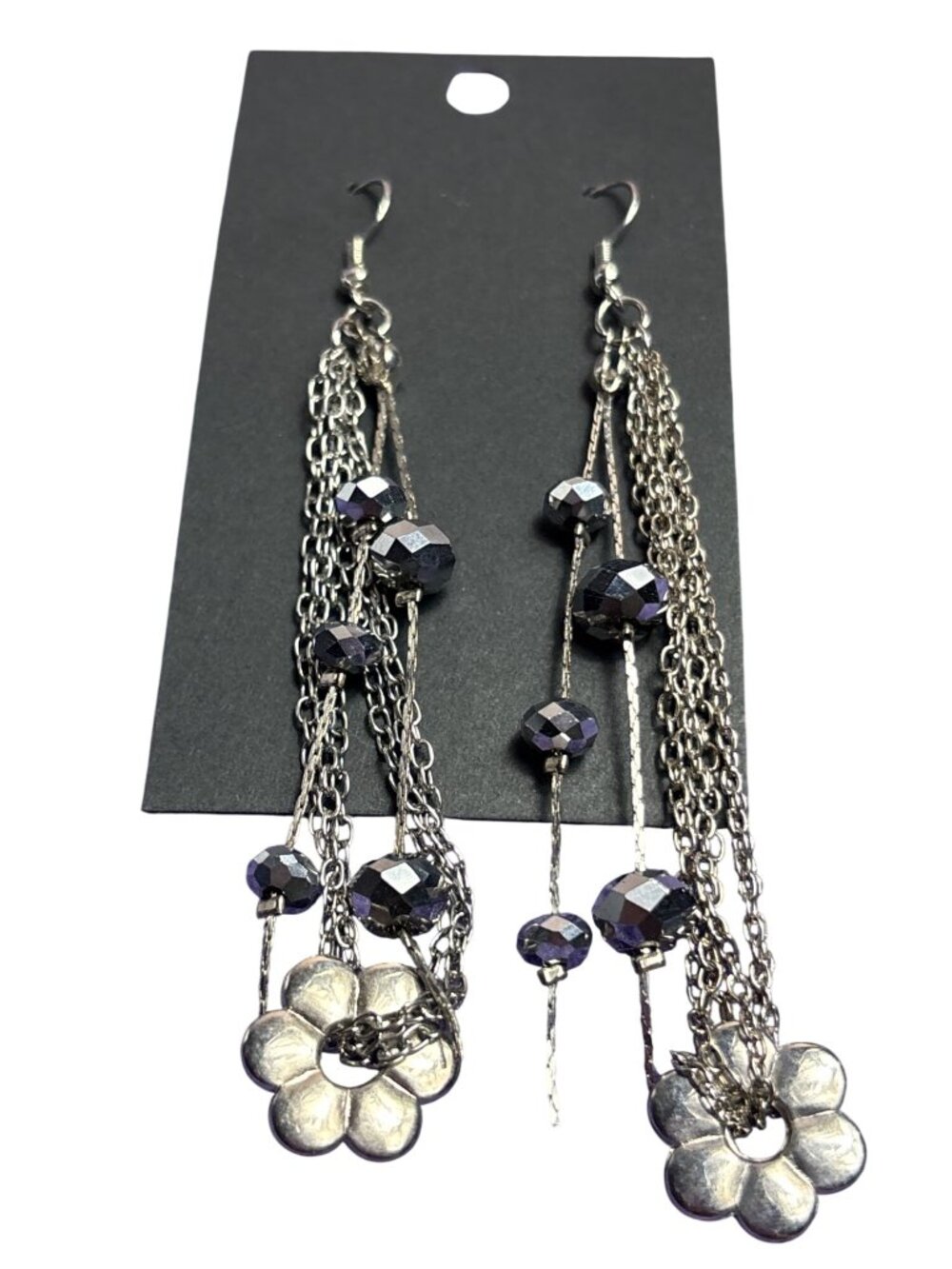 Vintage Y2K Silvertone Chain Dangle Earrings Faceted Beads Flower 3.25 inches